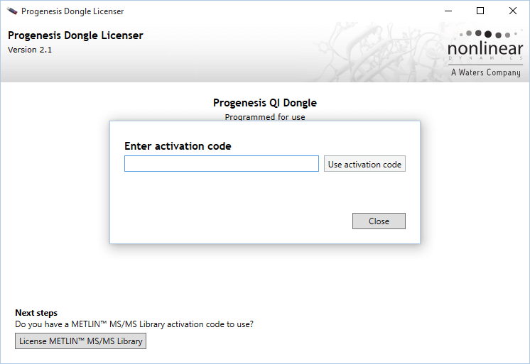 The prompt to enter your METLIN license code