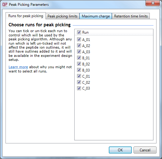 The Peak Picking Parameters accessed using the Set parameters button, as described in the text.