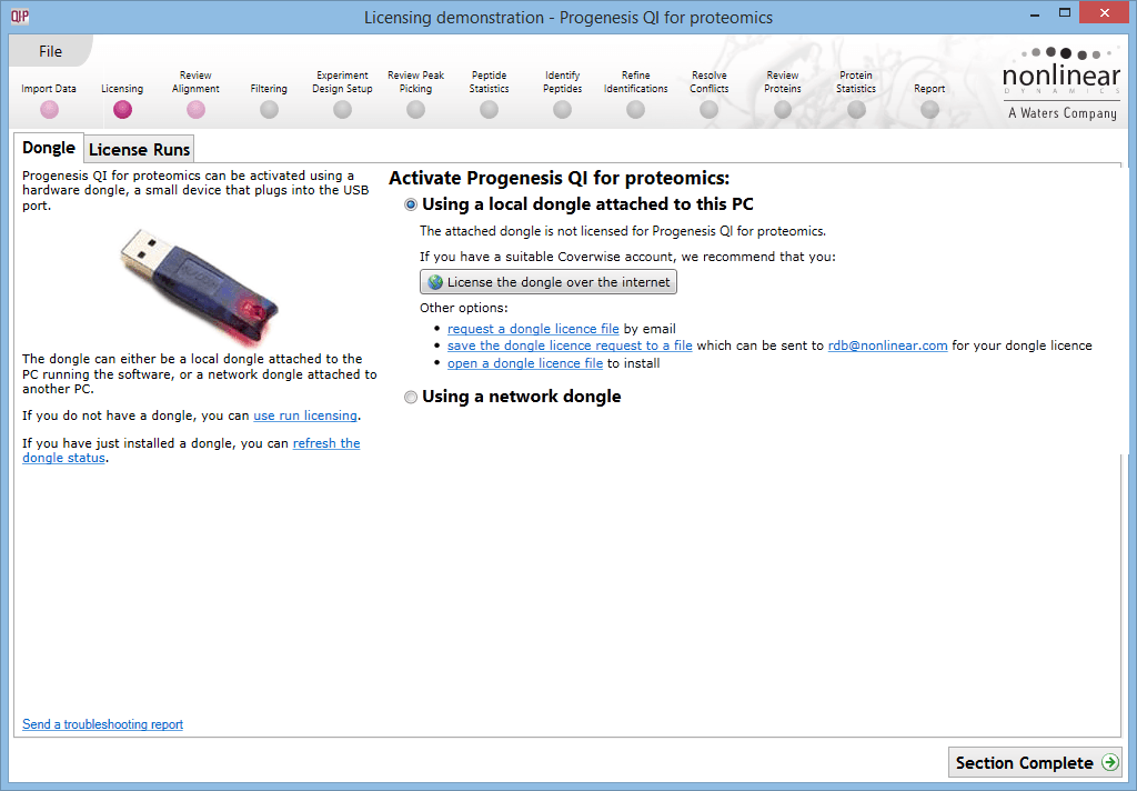 The Licensing screen, prompting for a dongle