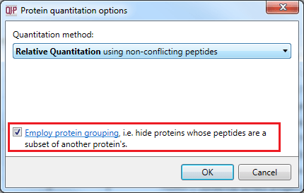 The Protein options dialog with the protein grouping selection highlighted.