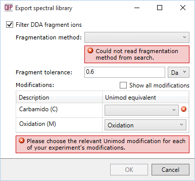 Spectral library filter dialog with errors