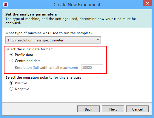 The New Experiment wizard allows you to specify your runs' data format