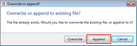 The overwrite or append message shown when exporting to an existing fragment database