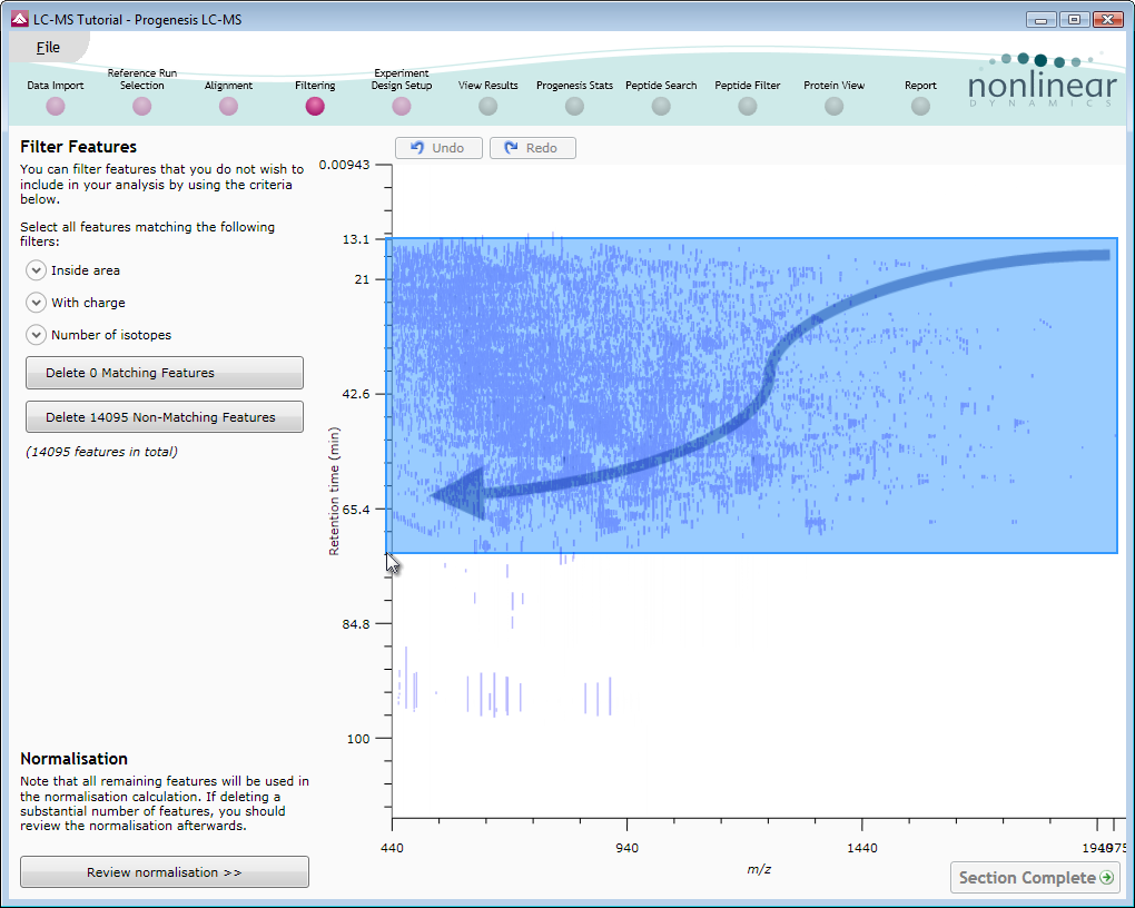 Dragging out a retention time window on the Filtering screen