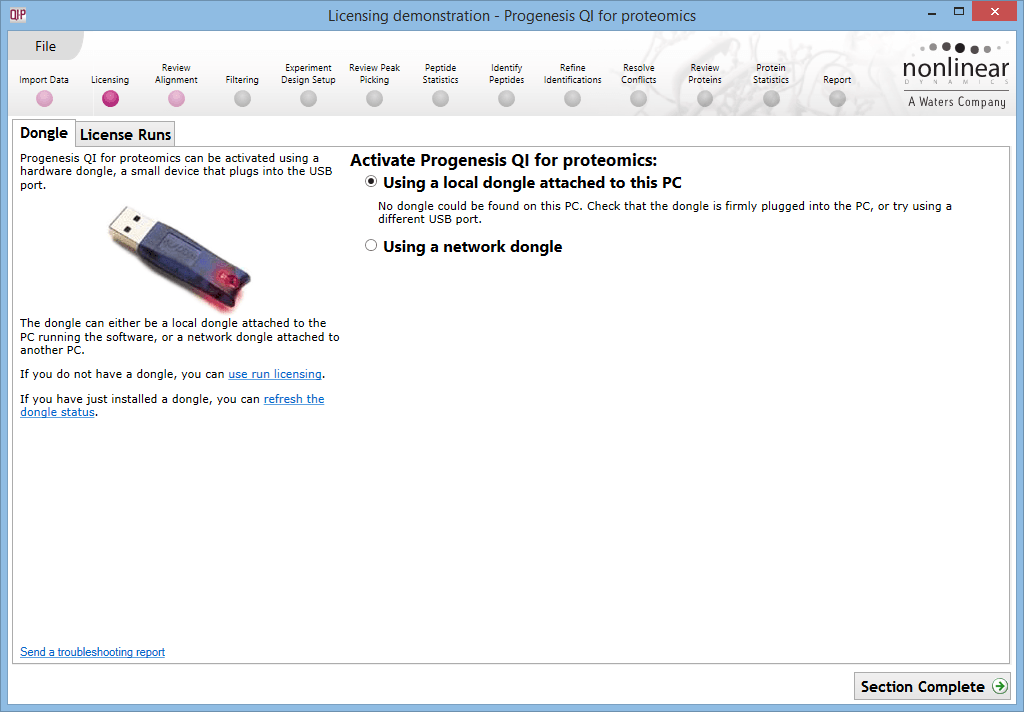 The Licensing screen, prompting for a dongle