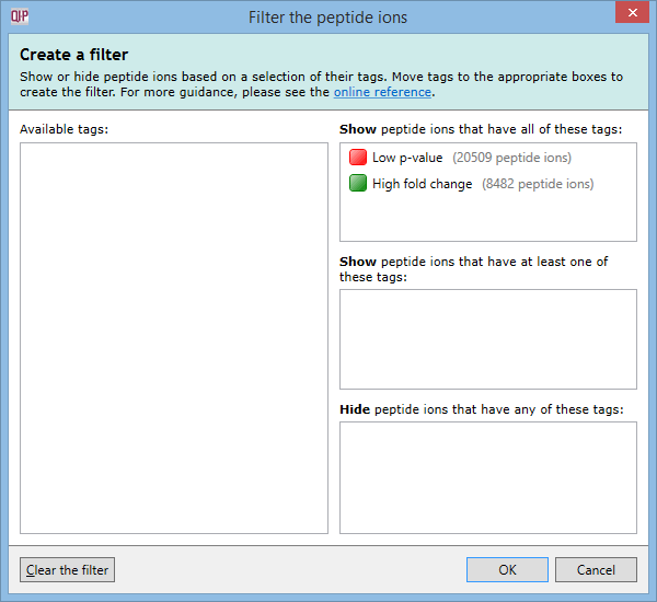 The filter showing only those that have a low p-value and a high fold change.