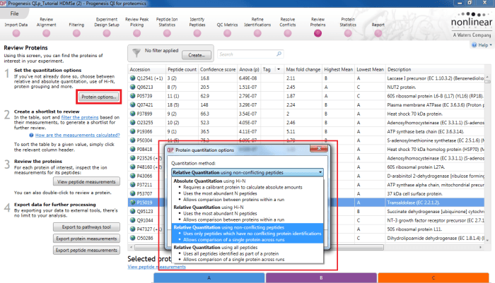 The Protein options dialog with the options drop-down activated.