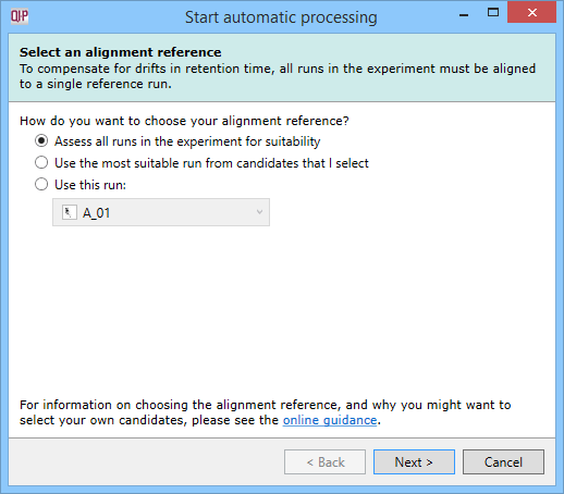 The Select an alignment reference dialog, the first stage of automatic analysis setup