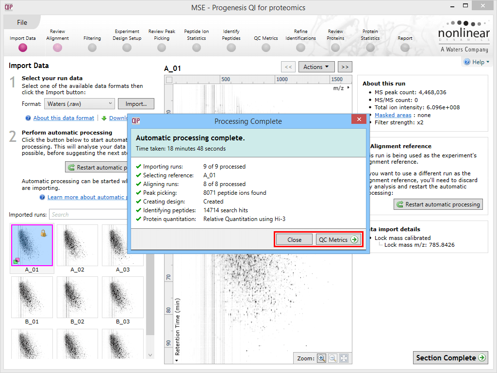 The automatic processing status dialog reporting a completed analysis.