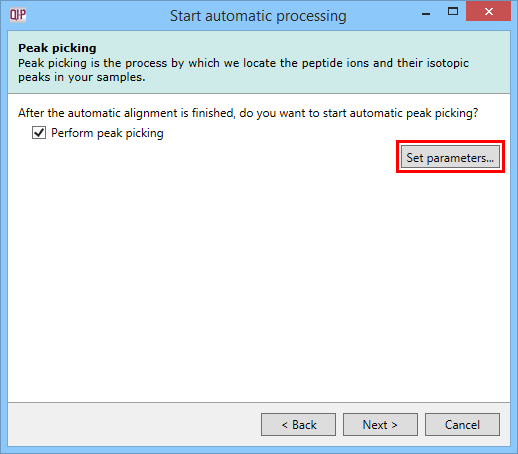 The peak picking dialog with the Set parameters button highlighted.