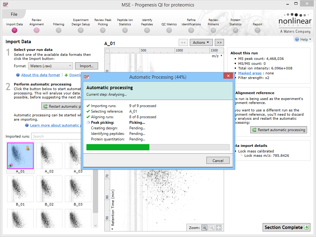 The automatic processing status dialog, showing progress of the analysis.