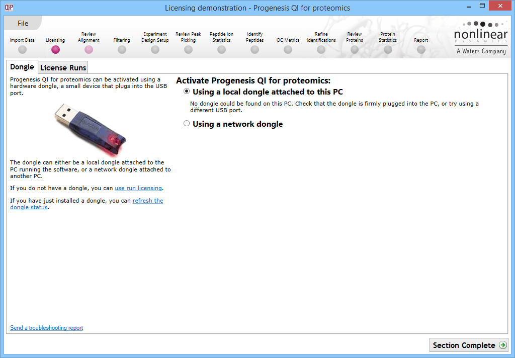 The Licensing screen, prompting for a dongle