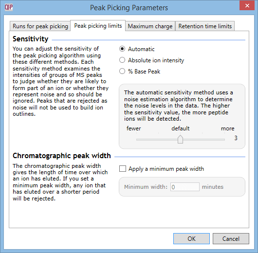 Peak picking limits in the Peak Picking Parameters window