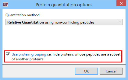 The Protein options dialog with the protein grouping selection highlighted.