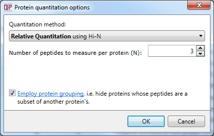 The protein grouping selection dialog within Protein options.