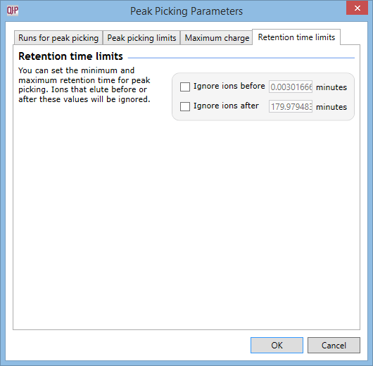 Retention time limits in the Peak Picking Parameters window