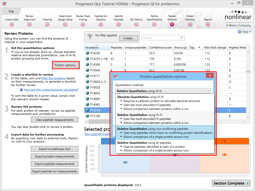 The Protein options dialog with the options drop-down activated.