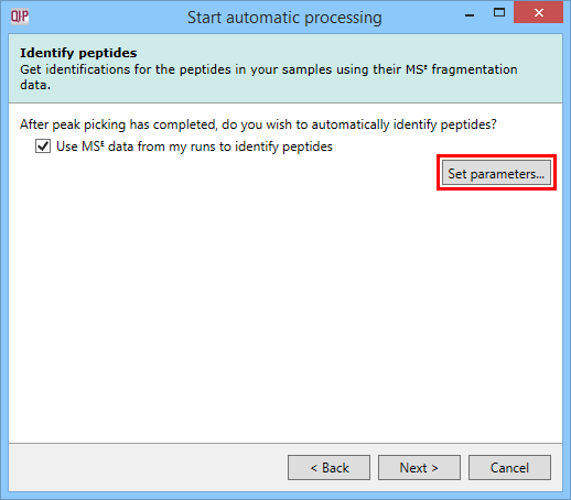 The Identify peptides dialog allowing MSE identification to be carried out as part of the automatic processing, with the Set parameters button highlighted.