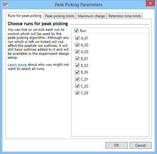 The Peak Picking Parameters accessed using the Set parameters button, as described in the text.