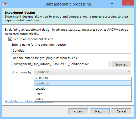 A successfully loaded .spl file allowing selection of the initial experimental design from all the grouping variables present within the file.