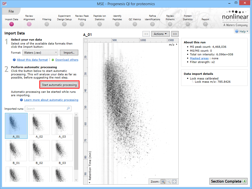 The Start automatic processing selection button at the Import Data stage.