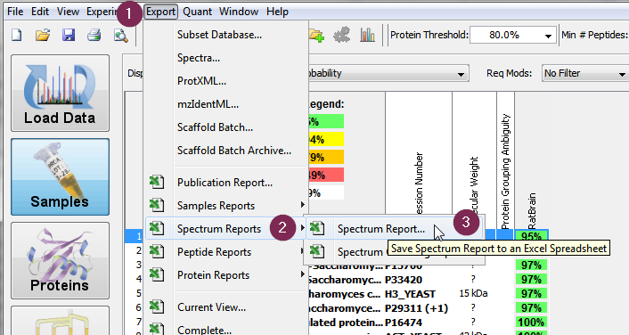 Export results from Scaffold by clicking on the Export menu, then the "Spectrum Reports" sub-menu and finally the "Spectrum Report..." command