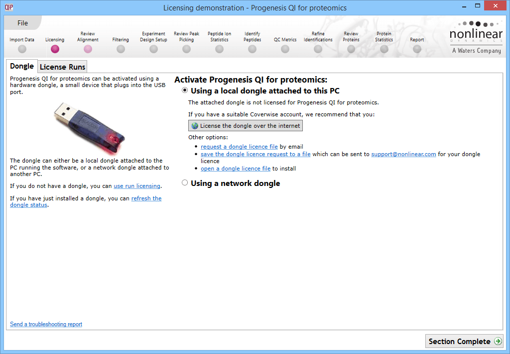 The Licensing screen, prompting for a dongle