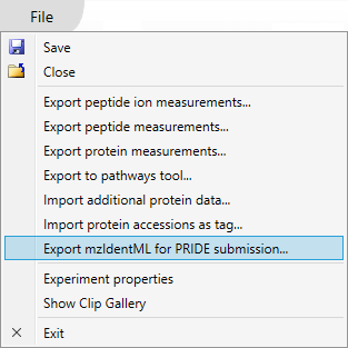 The Export mzIdentML for PRIDE submission file menu item