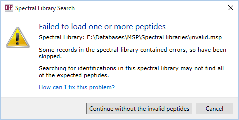 Spectral library warning dialog