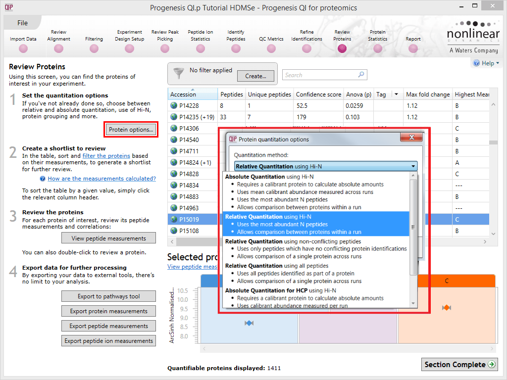 The Protein options dialog with the options drop-down activated.