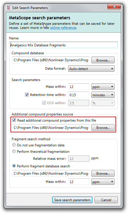 MetaScope search parameters dialog showing additional compound properties file option