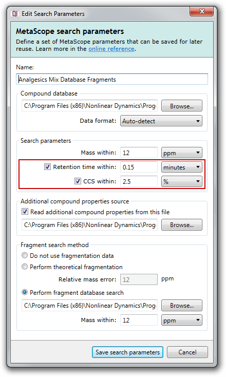 MetaScope search parameters with where to enable RT/CCS search highlighted