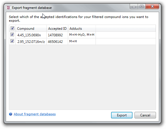 The export fragment database dialog