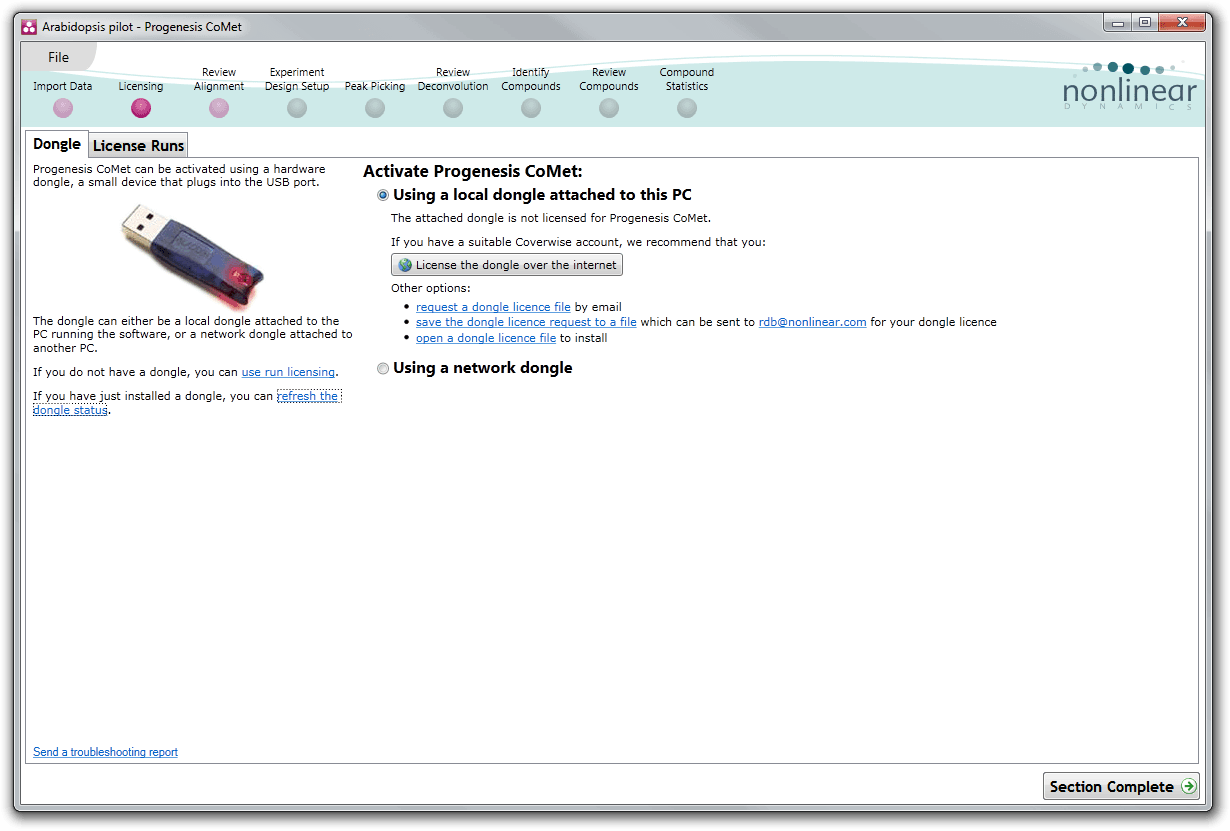 The Licensing screen, prompting for a dongle