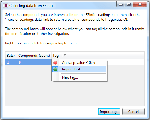 Selecting a tag that will be applied to the batch of compounds on their import back into Progenesis QI, using the drop-down arrow.