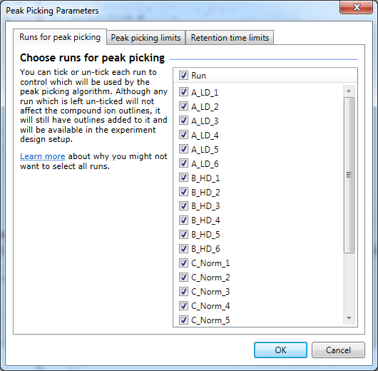 The Peak Picking Parameters accessed using the Set parameters button, as described in the text.