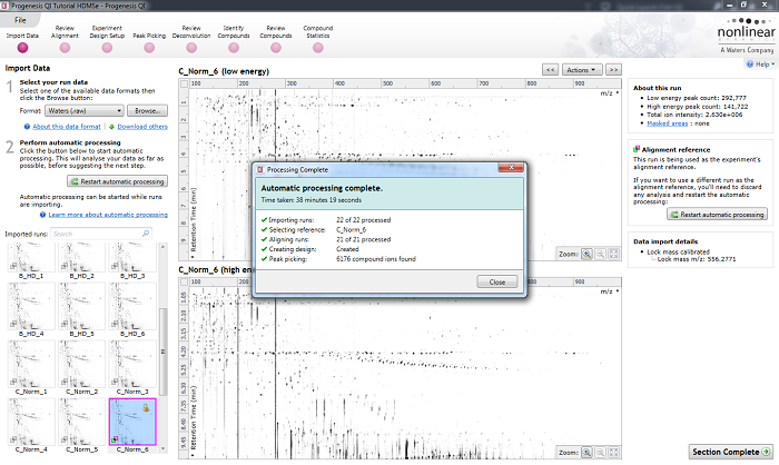 The automatic processing status dialog reporting a completed analysis.