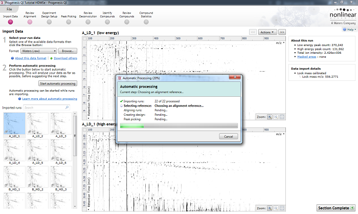 The automatic processing status dialog, showing progress of the analysis.