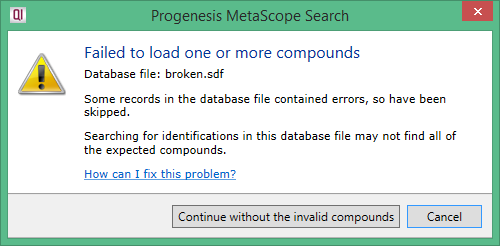 MetaScope database file problems dialog