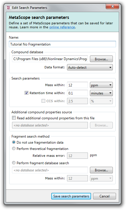The MetaScope search parameters dialog