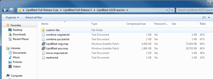 The contents of LipidBlast-ASCII-spectra showing the two msp files required