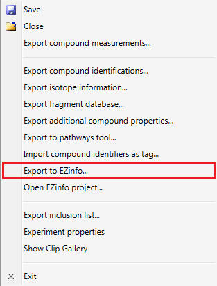 The Export to EZinfo… option as it appears from the Identify Compounds page.