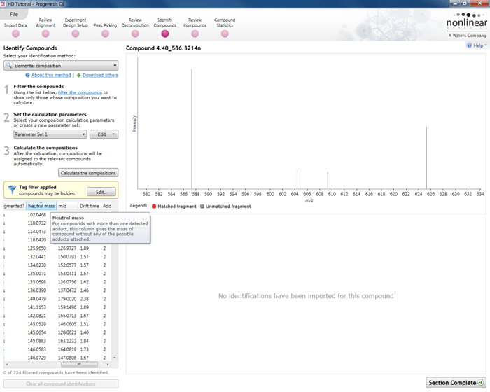 The neutral mass column at Identify Compounds