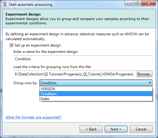 A successfully loaded .spl file allowing selection of the initial experimental design from all the grouping variables present within the file.