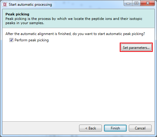 The peak picking dialog with the Set parameters button highlighted.