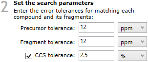 The Metabolic Profiling CCS Library parameter selection options