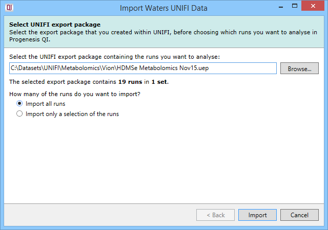 Wizard showing the options for an export package with unique run names
