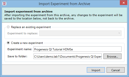 The Import Experiment From Archive prompt
