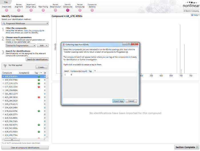 The Progenesis QI data collection dialog, which is the link to an active EZinfo analysis, showing any batches of returned compounds.