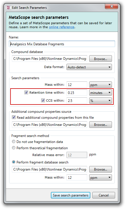 MetaScope search parameters with where to enable RT/CCS search highlighted